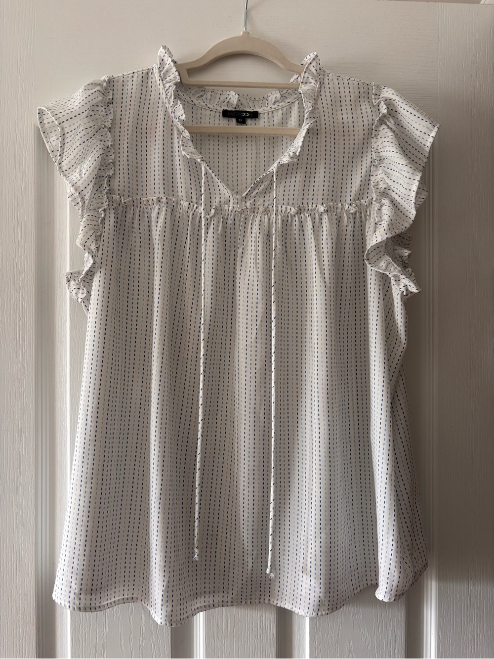 Papermoon White Blouse with Navy Dot Stripe and Ruffle Sleeves